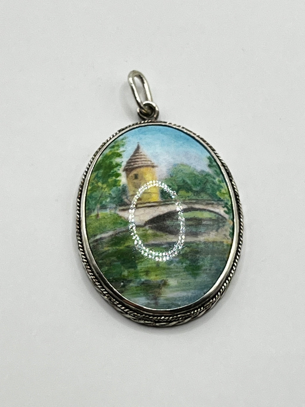 Vintage 925 Hopea Käsin Maalattu Riipus 35mm x 25mm