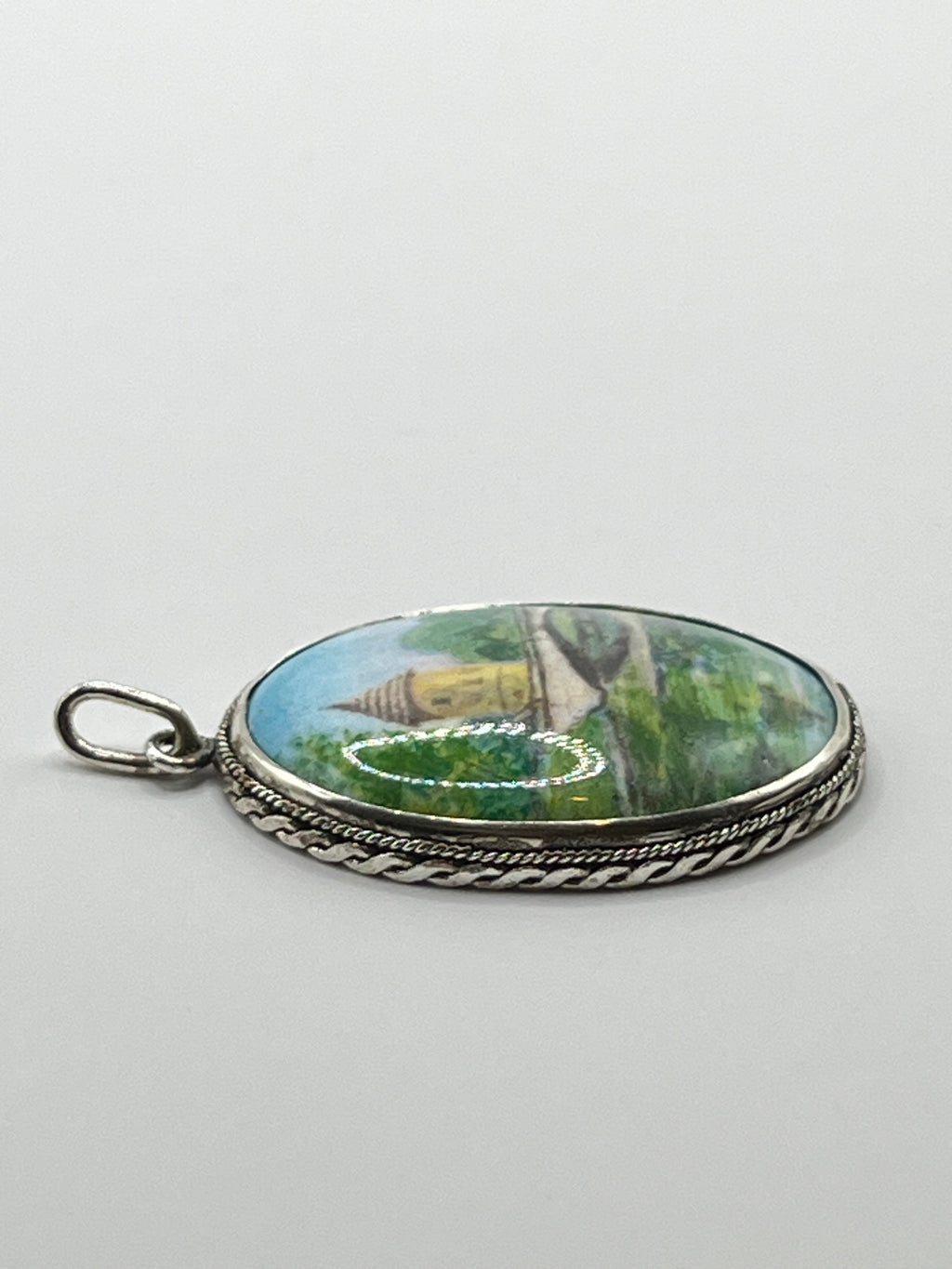 Vintage 925 Hopea Käsin Maalattu Riipus 35mm x 25mm