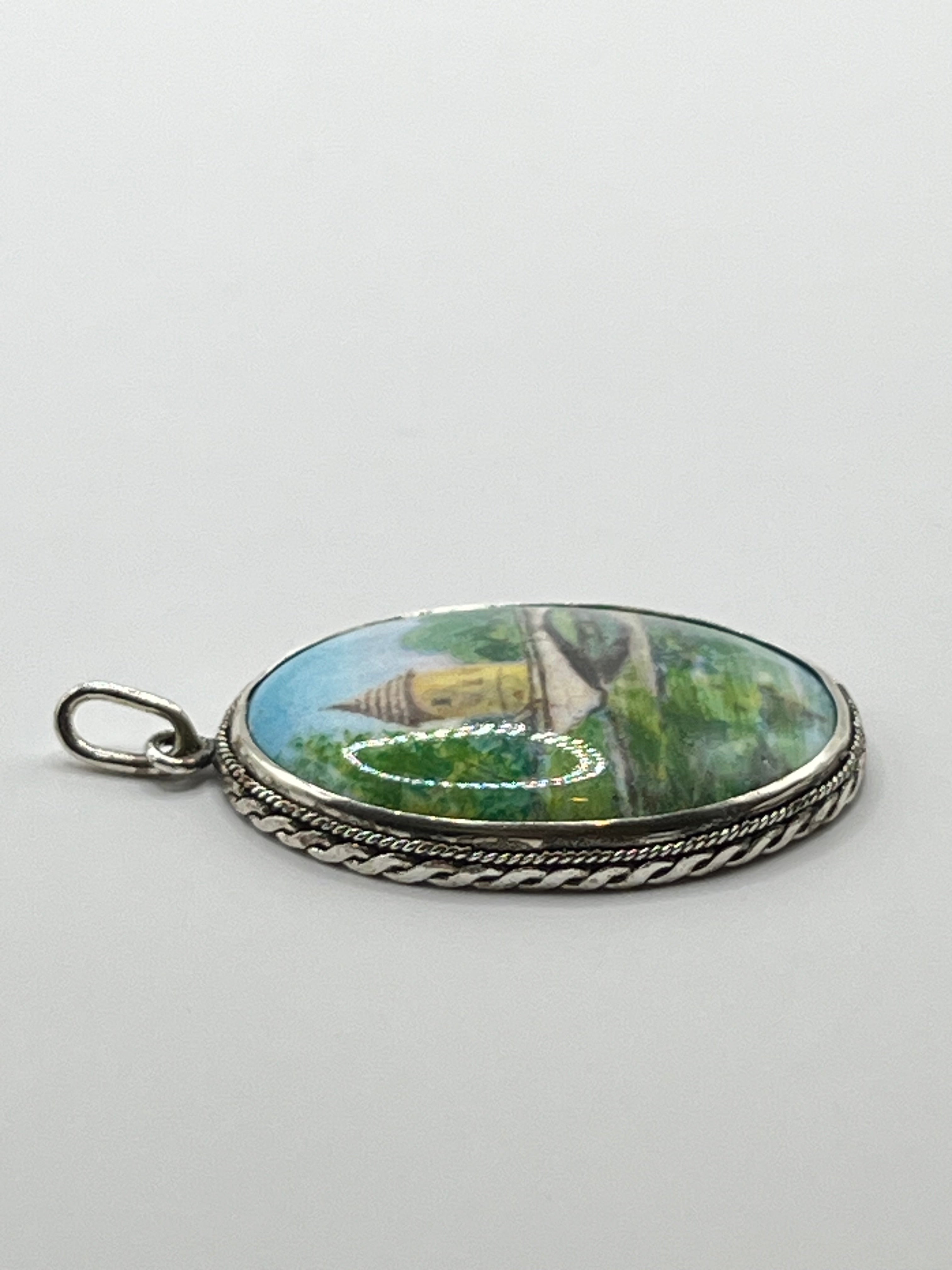 Vintage 925 Hopea Käsin Maalattu Riipus 35mm x 25mm